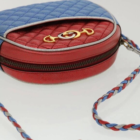 GUCCI Horsebit Pochette Shoulder Bag Lamb Skin Red Blue 534951 Auth 34948 - Picture 8 of 16